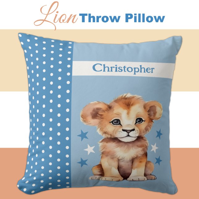 Kid's room add name cute lion blue throw pillow (Creator Uploaded)