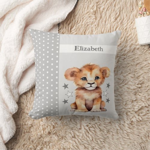 Kids room add name cute lion grey throw pillow