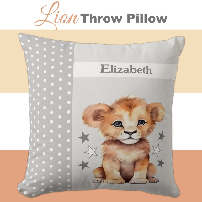Kid's room add name cute lion grey throw pillow (Creator Uploaded)