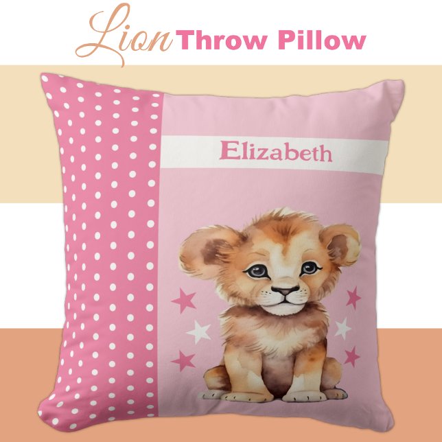 Kid's room add name cute lion pink throw pillow (Creator Uploaded)