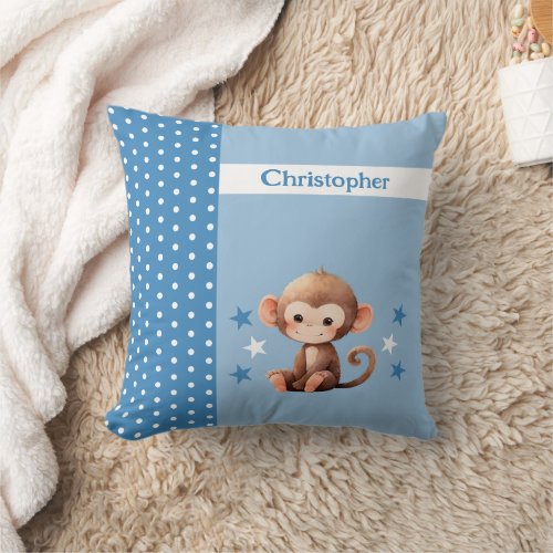 Kids room add name cute monkey blue throw pillow