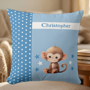 Kid's room add name cute monkey blue throw pillow