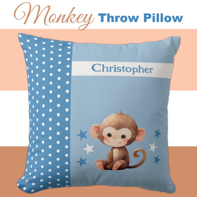 Kid's room add name cute monkey blue throw pillow (Creator Uploaded)