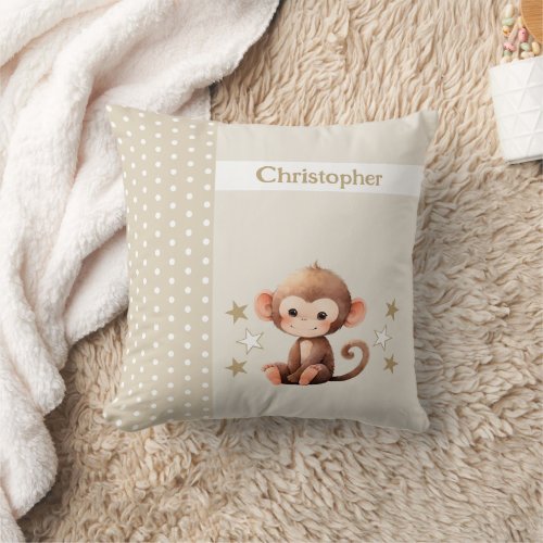 Kids room add name cute monkey brown throw pillow