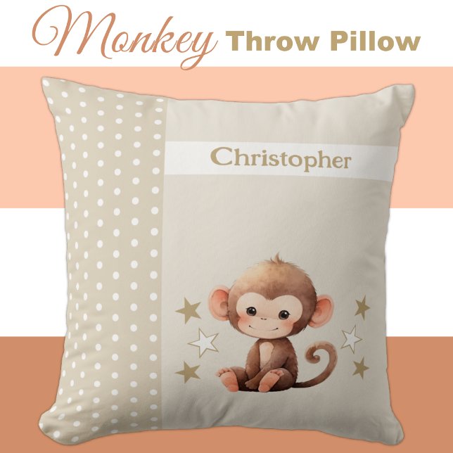 Kid's room add name cute monkey brown throw pillow (Creator Uploaded)