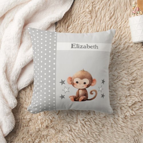 Kids room add name cute monkey grey throw pillow