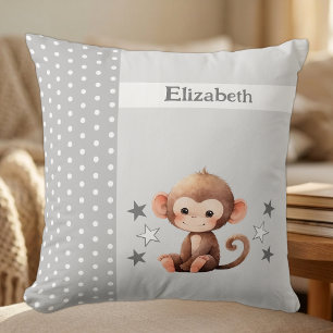 Kid's room add name cute monkey grey throw pillow