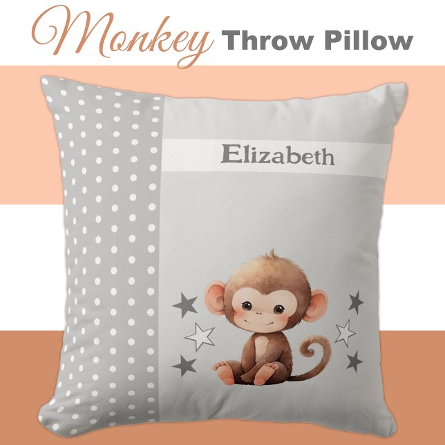 Kid's room add name cute monkey grey throw pillow (Creator Uploaded)