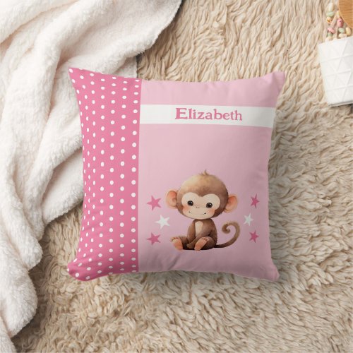 Kids room add name cute monkey pink throw pillow