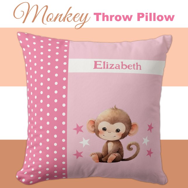 Kid's room add name cute monkey pink throw pillow (Creator Uploaded)