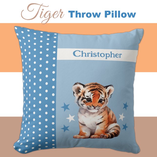 Kid's room add name cute tiger blue throw pillow (Creator Uploaded)