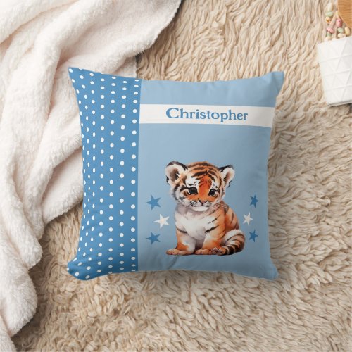 Kids room add name cute tiger blue throw pillow