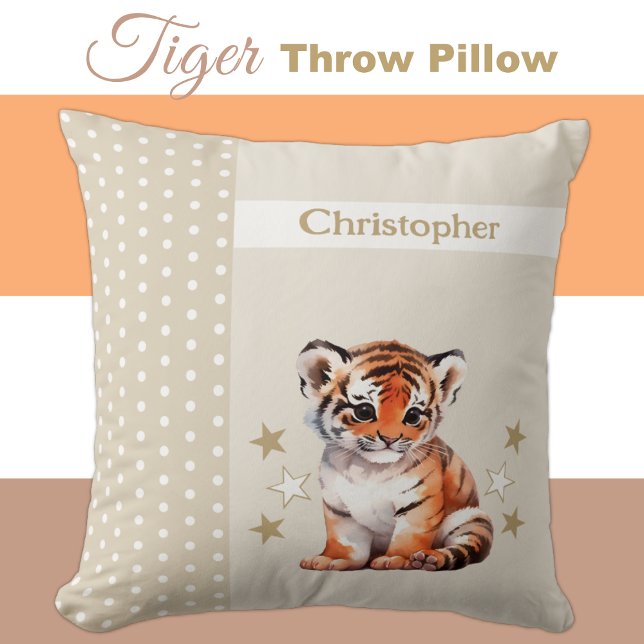 Kid's room add name cute tiger brown throw pillow (Creator Uploaded)