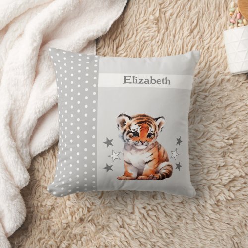 Kids room add name cute tiger grey throw pillow