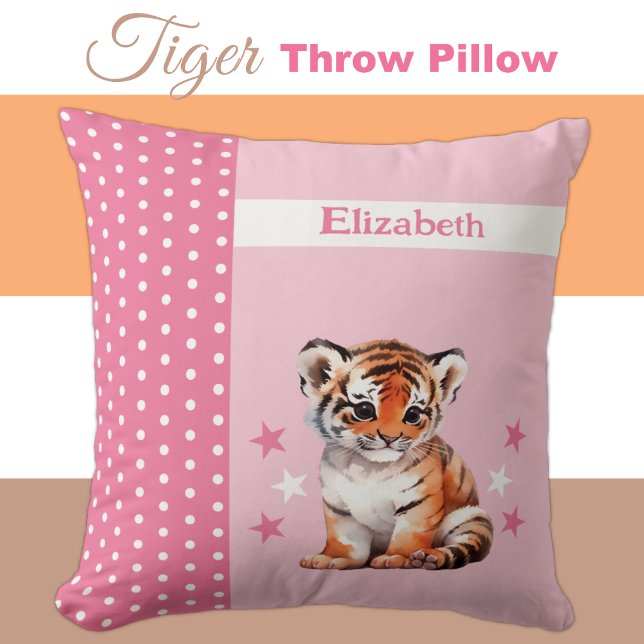 Kid's room add name cute tiger pink throw pillow (Creator Uploaded)