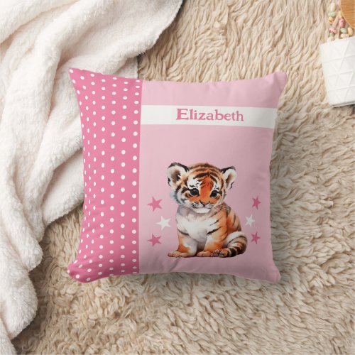 Kids room add name cute tiger pink throw pillow