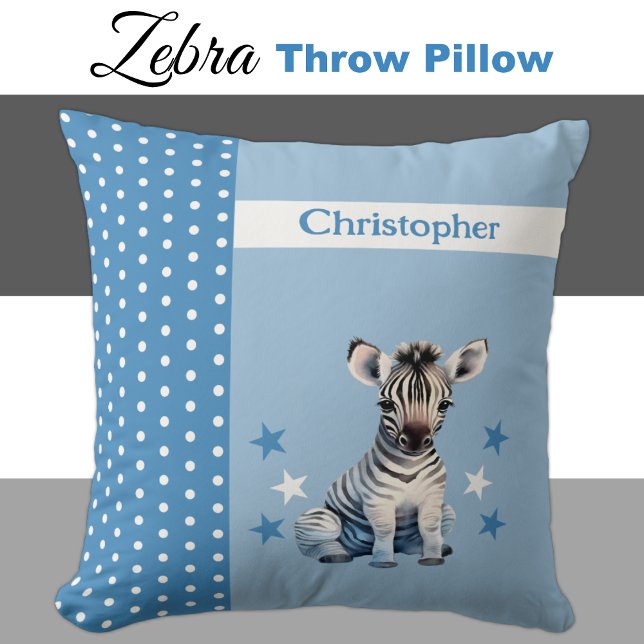 Kid's room add name cute zebra blue throw pillow (Creator Uploaded)