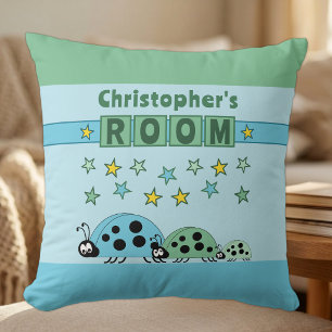 Kid's room Ladybugs add name blue green Throw Pillow