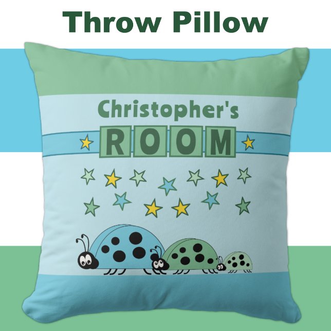 Kid's room Ladybugs add name blue green Throw Pillow (Creator Uploaded)