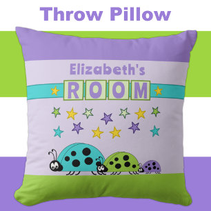 Kid's room Ladybugs add name purple green Throw Pillow