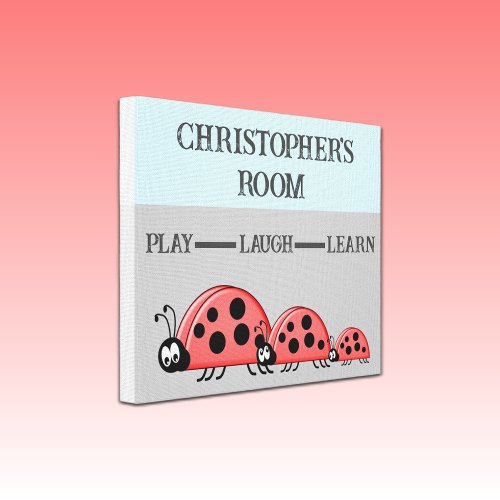 Kids room Ladybugs custom name grey blue Canvas Print