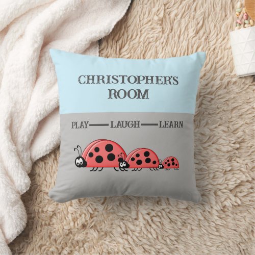 Kids room Ladybugs custom name grey blue Throw Pillow