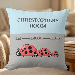 Kid's room Ladybugs custom name grey blue Throw Pillow