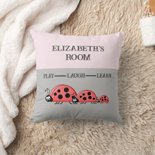 Kids room Ladybugs custom name grey pink Throw Pillow