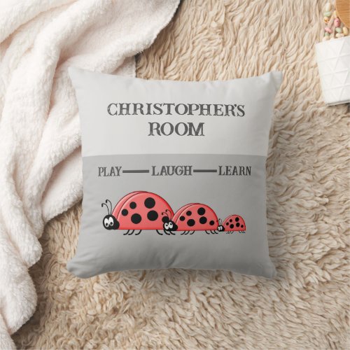 Kids room Ladybugs custom name grey Throw Pillow