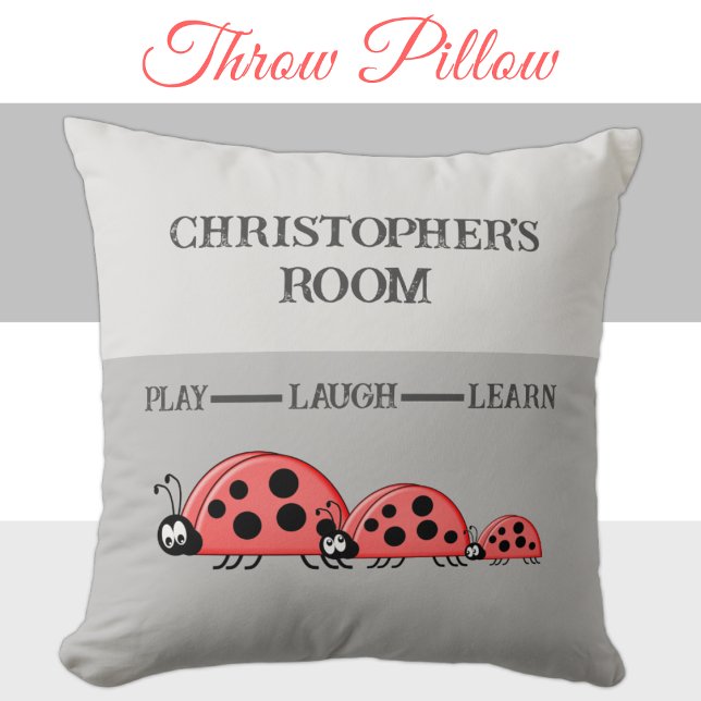 Kid's room Ladybugs custom name grey Throw Pillow (Creator Uploaded)