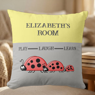 Kid's room Ladybugs custom name grey yellow Throw Pillow