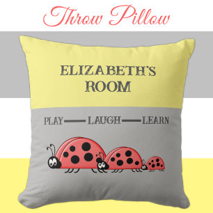 Kid's room Ladybugs custom name grey yellow Throw Pillow