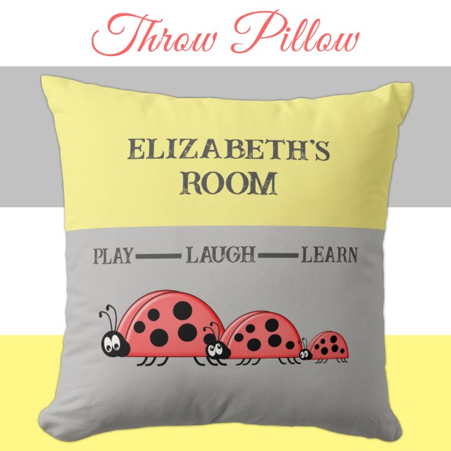 Kid's room Ladybugs custom name grey yellow Throw Pillow (Creator Uploaded)
