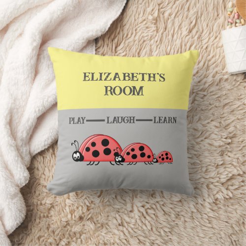 Kids room Ladybugs custom name grey yellow Throw Pillow