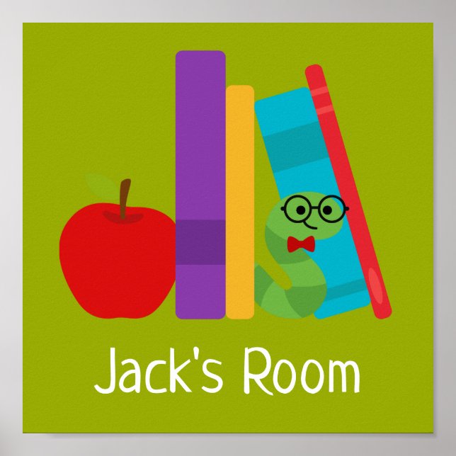 Kid's Room name poster with bookworm (Front)