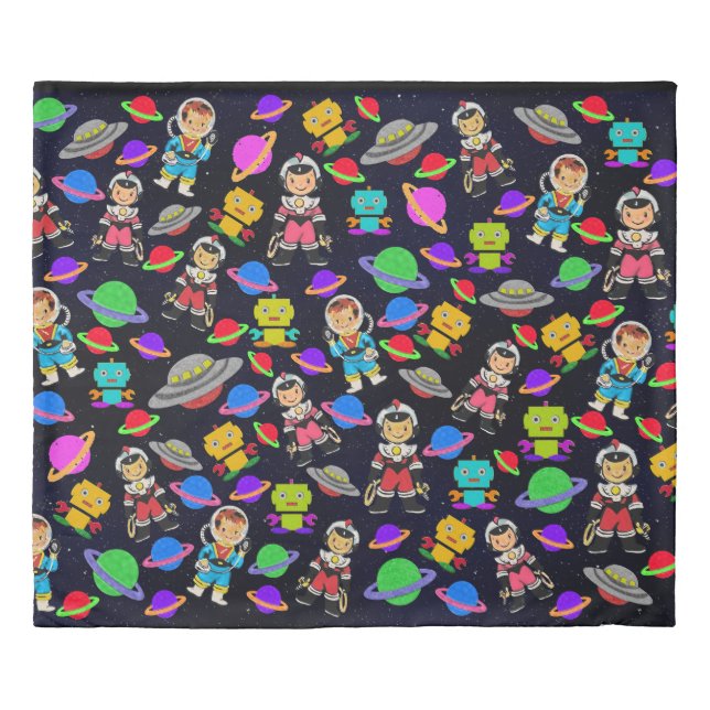 Kids Room Retro Robots and Astronauts King Duvet Cover (Front)