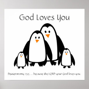 Kids Room Scripture, God Loves You Penguin Family Poster