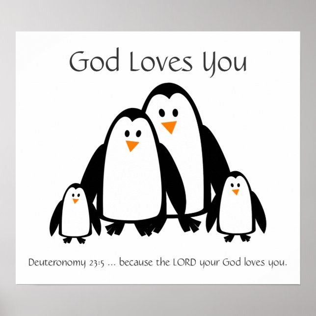 Kids Room Scripture, God Loves You Penguin Family Poster (Front)