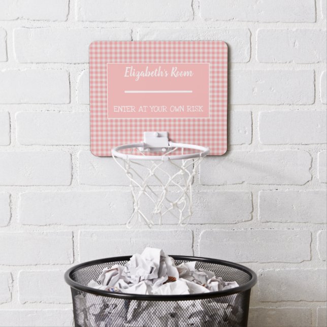 Kids Room with name gingham plaid pink and white Mini Basketball Hoop (In Situ)