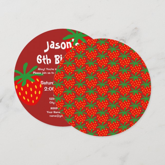 Kid's round strawberry Birthday party invitations (Front/Back)