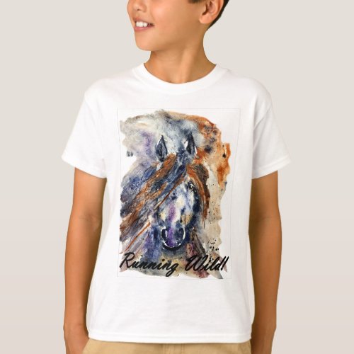 Kids Running Wild Horse Watercolor Painting Print T_Shirt