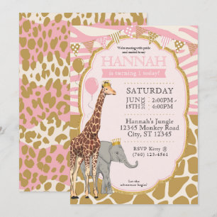 Kids Safari Animal 1st Birthday Invitation (pink)