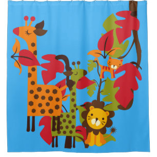 Kids Safari Animals Giraffes Tiger Lion Shower Curtain
