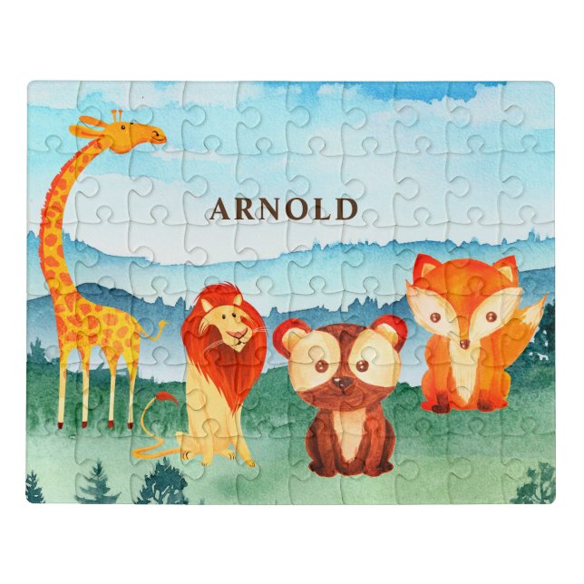 Kids Safari Animals Green Blue Forest Cute Jigsaw Puzzle (Puzzle Horizontal)