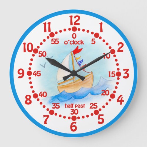 Kids sailing boat learn time blue white wall clock