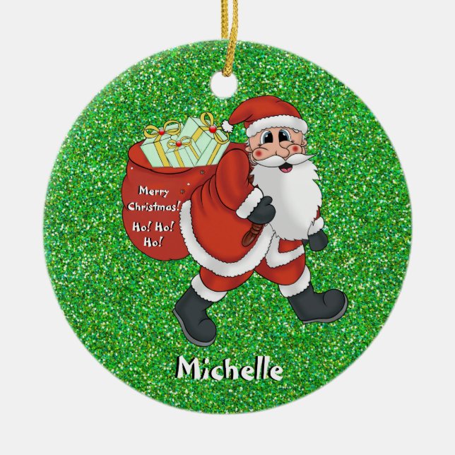Kids Santa Christmas Picture Name Green Sparkle Ceramic Ornament (Front)