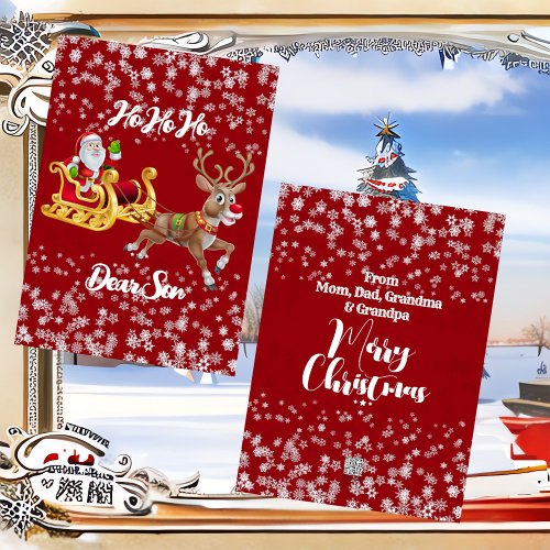 Kids Santa Christmas Reindeer Sleigh Snowflake Red Holiday Card