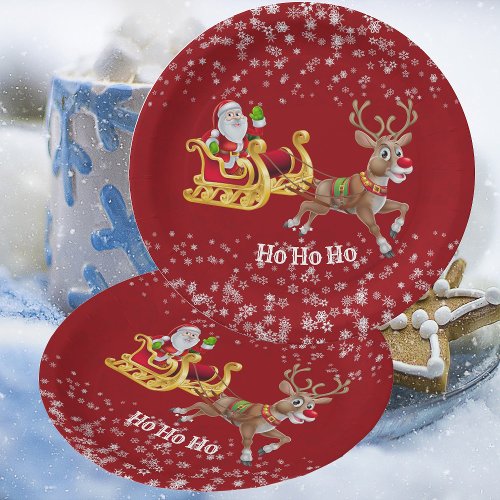 Kids Santa Christmas Reindeer Sleigh Snowflake Red Paper Plates