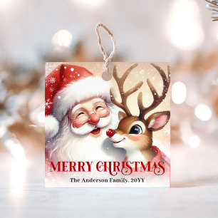 Kids Santa Rudolph Christmas Gift Tag Watercolor