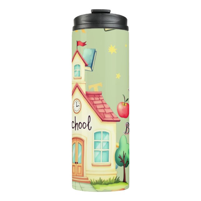 Kids School Water Bottle with Hand-Drawn School  (Front)